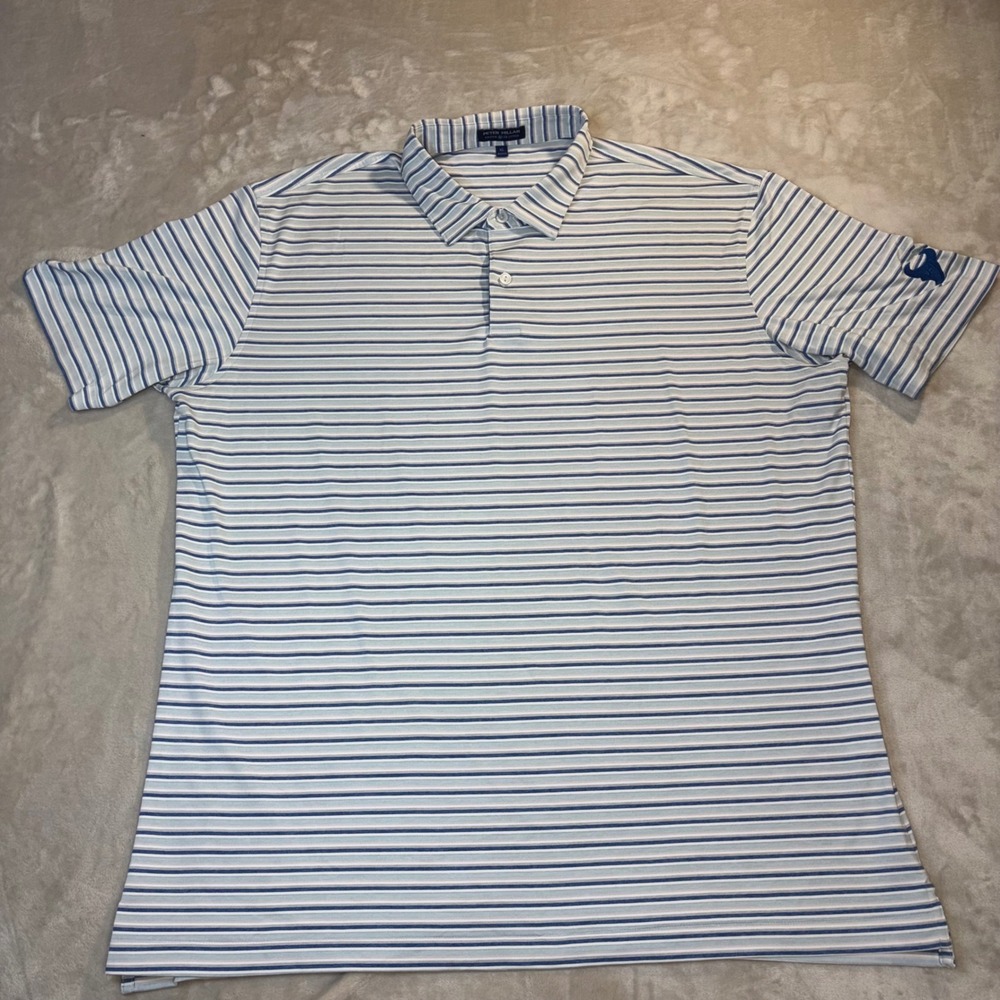 Peter Millar Crown Crafted Mens XL Striped Performance Polo Blue Pink Bull Logo
